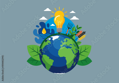 Earth Sustainability Concept Vector Illustration with Renewable Energy, Agriculture, and Water Elements