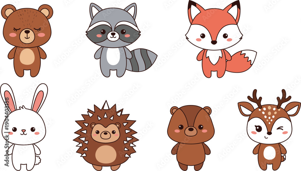 Obraz premium Cute Woodland Animals Vector Set – Forest Baby Animal Clipart Collection