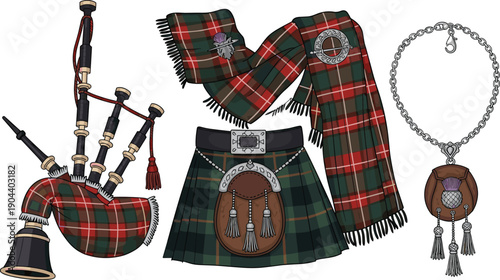 Traditional Scottish highland clothing set with kilt, tartan scarf, bagpipes and sporran accessories illustration isolated on white background