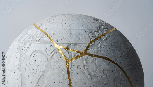 White concrete sphere texture with gold kintsugi cracks closeup. Abstract architectural background for reconstruction and resilience concept