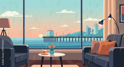 Cozy room overlooking a rainy seaside city with a pier