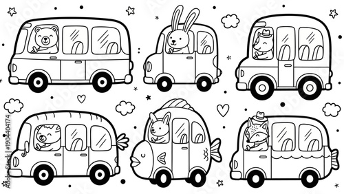Cartoon Animals Riding in Vehicles.