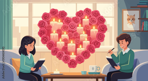 Cozy room with a couple enjoying a quiet moment before a heart-shaped candle display
