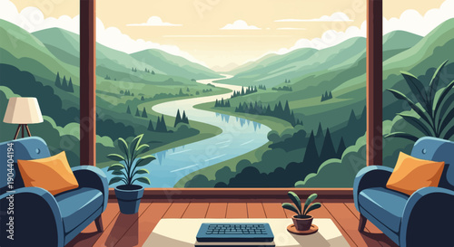 Cozy room with a desk overlooking a winding river in a green valley