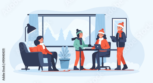 Cozy winter scene with people working indoors