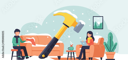 Cozy winter scene with people inside and giant hammer