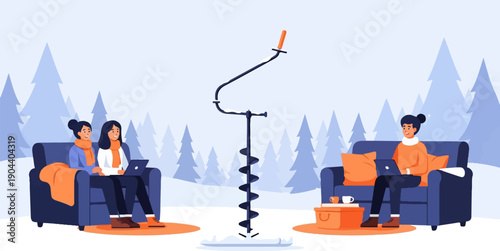 Cozy winter scene with people working on laptops in a snowy forest