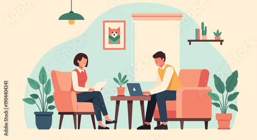 Cozy scene of two people relaxing in a living room with plants and art