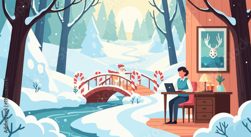 Cozy winter scene with person working indoors and festive snowy landscape