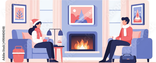 Cozy winter scene with two people relaxing by a warm fireplace