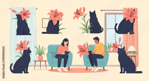 Cozy scene with people reading and cats lounging amongst lilies