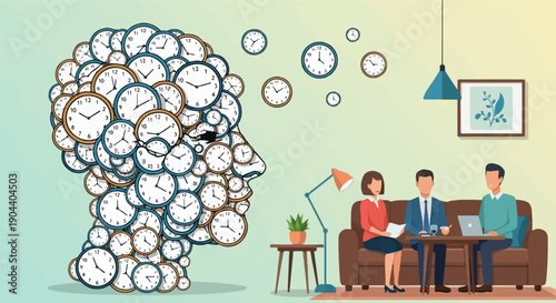 Creative illustration of a head filled with clocks, and people meeting