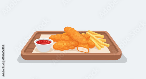 Crispy chicken strips and golden fries served with a side of tomato dip on a tray