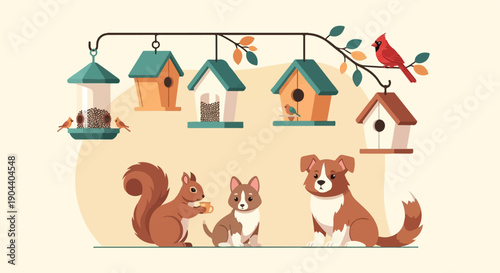 Cute animals and birdhouses hanging on a branch with feeders