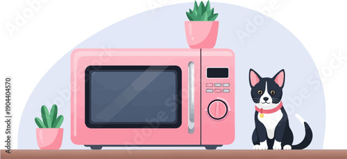 Cute black and white cat sits next to a pink microwave with small potted plants