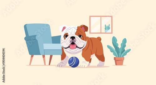 Cute bulldog with blue ball near armchair and potted plant