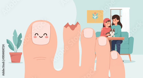 Cute toe with a broken nail next to a happy family with a dog