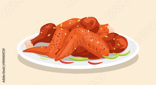 Delicious roasted chicken pieces with pepper and herb garnish on plate