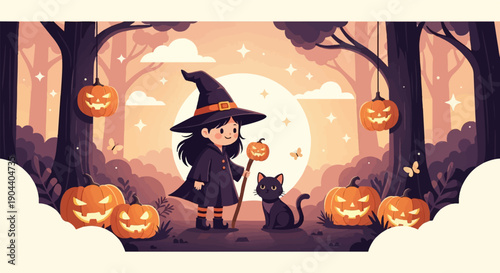 Cute witch with black cat in pumpkin patch at night