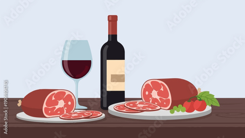 Delicious sliced meats and a glass of red wine paired with fresh fruit