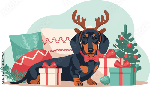 Dachshund dog with reindeer antlers and festive gifts