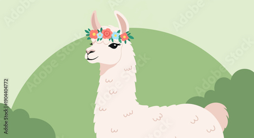 Cute cartoon llama wearing a floral crown amidst green hills