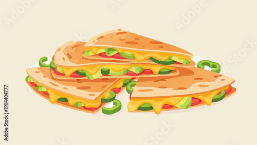 Deliciously stacked quesadillas filled with cheese, avocado, tomatoes, and peppers