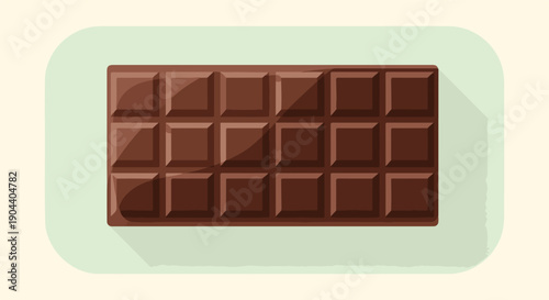Dark chocolate bar with squares on a light green background with shadow