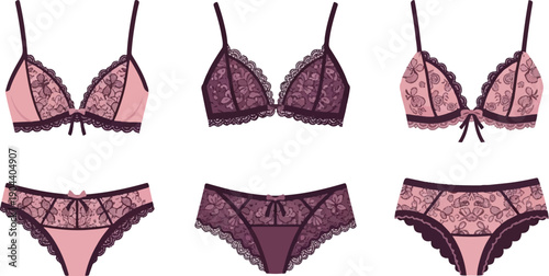 Delicate lace lingerie sets in shades of pink and plum with floral patterns