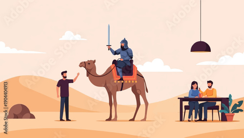 Desert scene with people, camel rider, and outdoor cafe setting