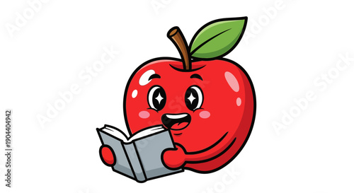 Cartoon Apple Reading a Book.