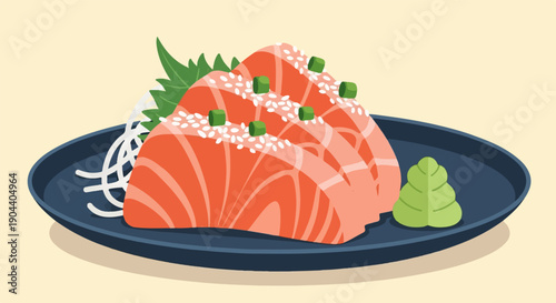 Delicate salmon slices with green onions and sesame seeds served on a plate with wasabi