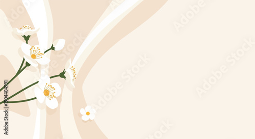 Delicate white blossoms with green stems against a soft, abstract background