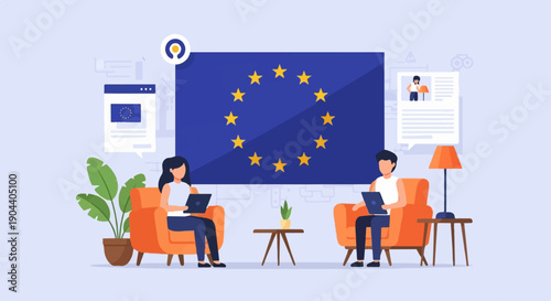 Digital collaboration with EU flag backdrop and two people working remotely