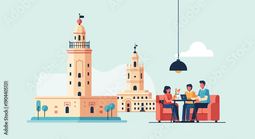 Digital illustration of people and a dog relaxing by historical towers