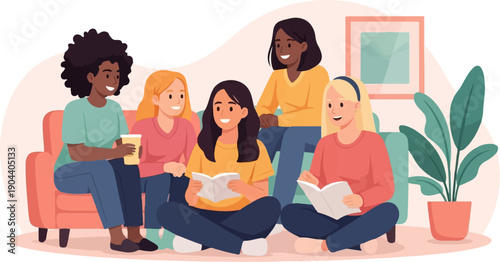 Diverse group of young women reading and relaxing together indoors
