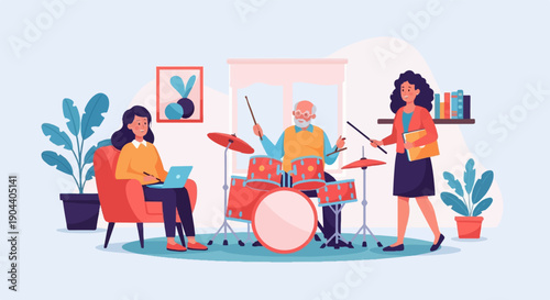 Diverse group practices music and work indoors