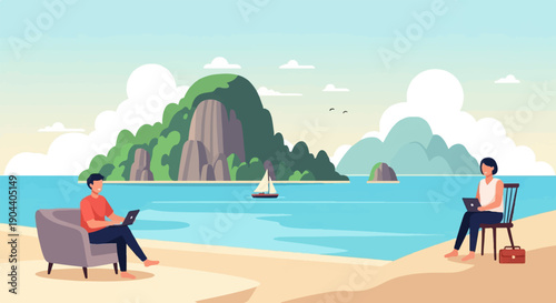 Digital illustration of two people working remotely on laptops at a beach
