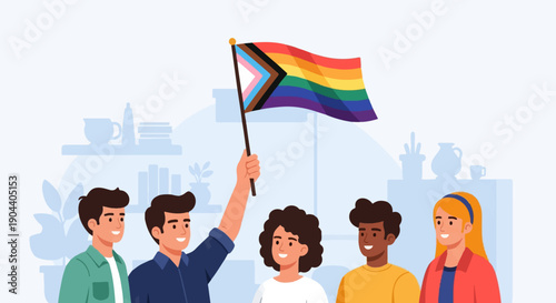 Diverse group proudly holds a progressive pride flag aloft in a joyful celebration