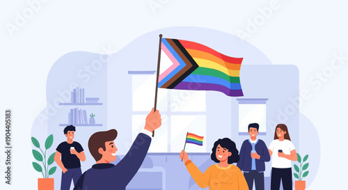 Diverse group celebrates pride with vibrant flags indoors