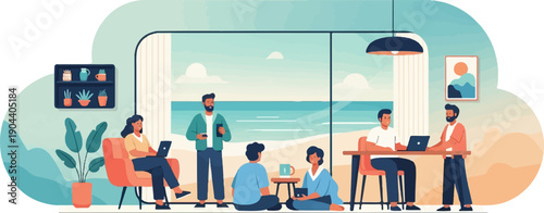 Diverse group collaborates in a bright, ocean-view workspace