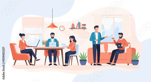 Diverse individuals collaborate and work together in a modern, co-working office environment