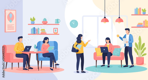 Diverse individuals collaborating and working in a modern, comfortable office environment