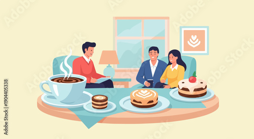 Diverse group enjoys coffee, pastries, and conversation in a cozy setting