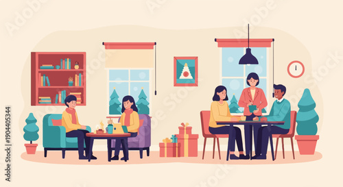 Diverse group enjoys festive holiday gathering indoors with gifts and trees