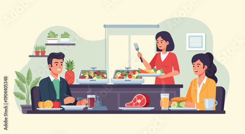 Diverse group enjoys a healthy meal with fresh fruits, salads, and a steak