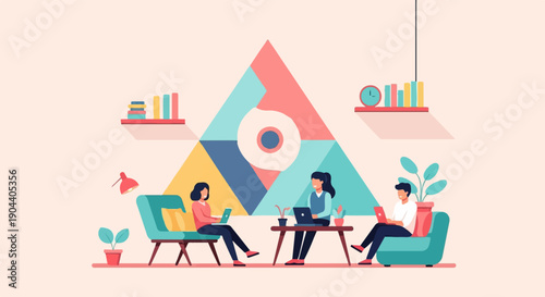 Diverse individuals collaborating remotely using laptops in a stylized, geometric interior