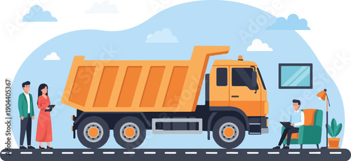 Diverse people interacting around large orange dump truck in abstract setting