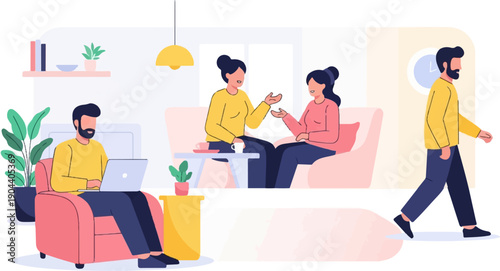 Diverse people interacting in a bright, modern living space