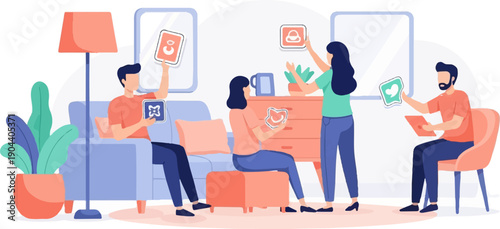 Diverse people interacting with digital icons in a modern living space